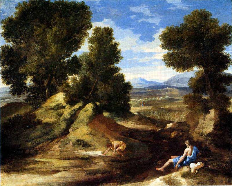 Nicolas Poussin Landscape with a Man Drinking or Landscape with a Man scooping Water from a Stream oil painting image